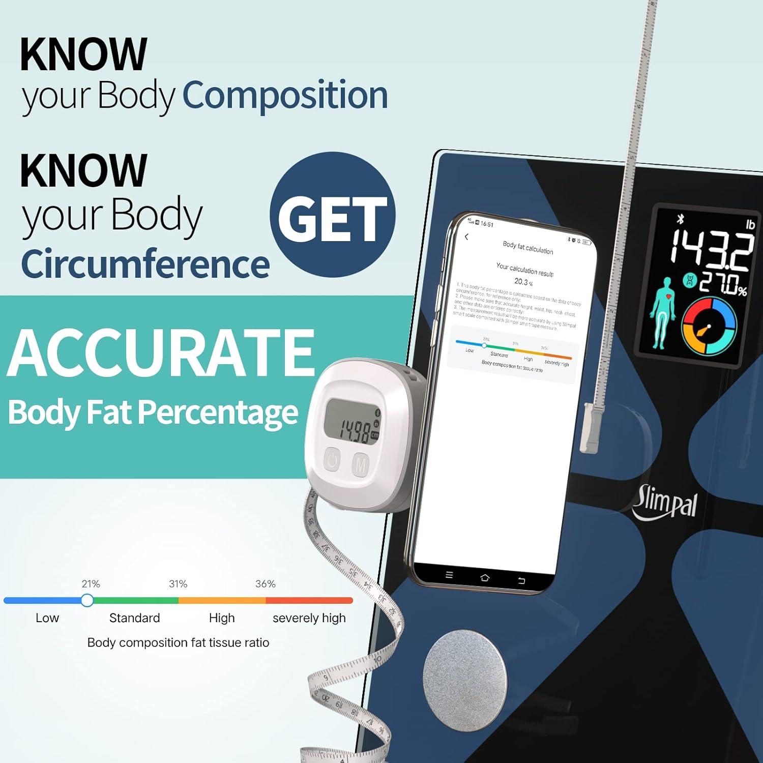 Slimpal Body Fat Measuring Tape and Smart Scale for Body Weight and Fat with APP Digital Bathroom Scale for Weight Loss, Body Composition and Circumference Analyzer - Image 2