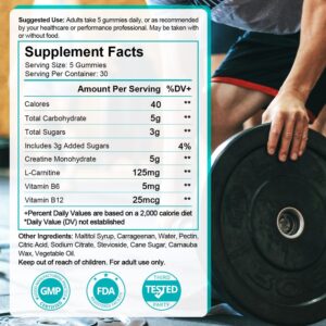 Creatine Monohydrate Gummies 5g for Men & Women-30 Servings, Vegan, Enhanced Muscle & Energy, Boost Focus, Chewable Creatine Gmuuies with L-Carnitine+ Vitamin B12/6, Preworkout Supplement – 150 Gummy