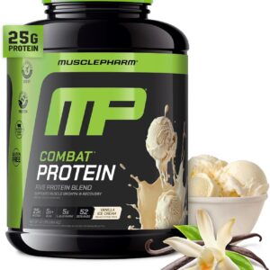 MusclePharm Combat Protein Powder, Vanilla Flavor, Fuels Muscles for Productive Workouts, 5 Protein Sources including Whey Protein Isolate & Egg Albumin, Gluten Free, 4 lb, 52 Servings