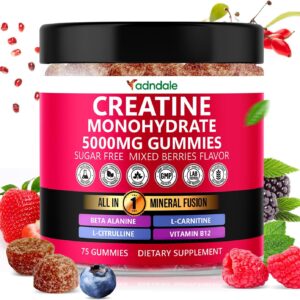 Adndale Creatine Gummies for Women & Men, 5000mg per Serving Creatine Monohydrate Supplement with Beta-Alanine, L-Citrulline & B12-75 Vegan Gummies. Sugar-Free