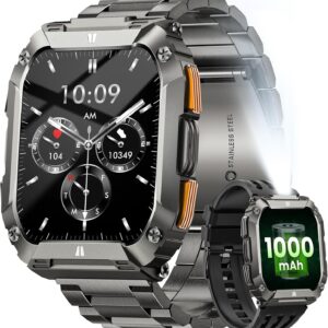 Military Smart Watches for Men, 1.95” Smart Watch with 100 Days Battery/Flashlight, Fitness Tracker Watch with Heart Rate/Sleep Monitor/100+ Sports Mode,5 ATM Rugged Smartwatch for Android and iPhone