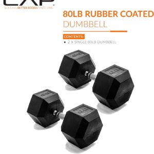 CAP Barbell 80 LB Rubber Coated Hex Dumbbell Hand Weight – Pair | Chrome Handle