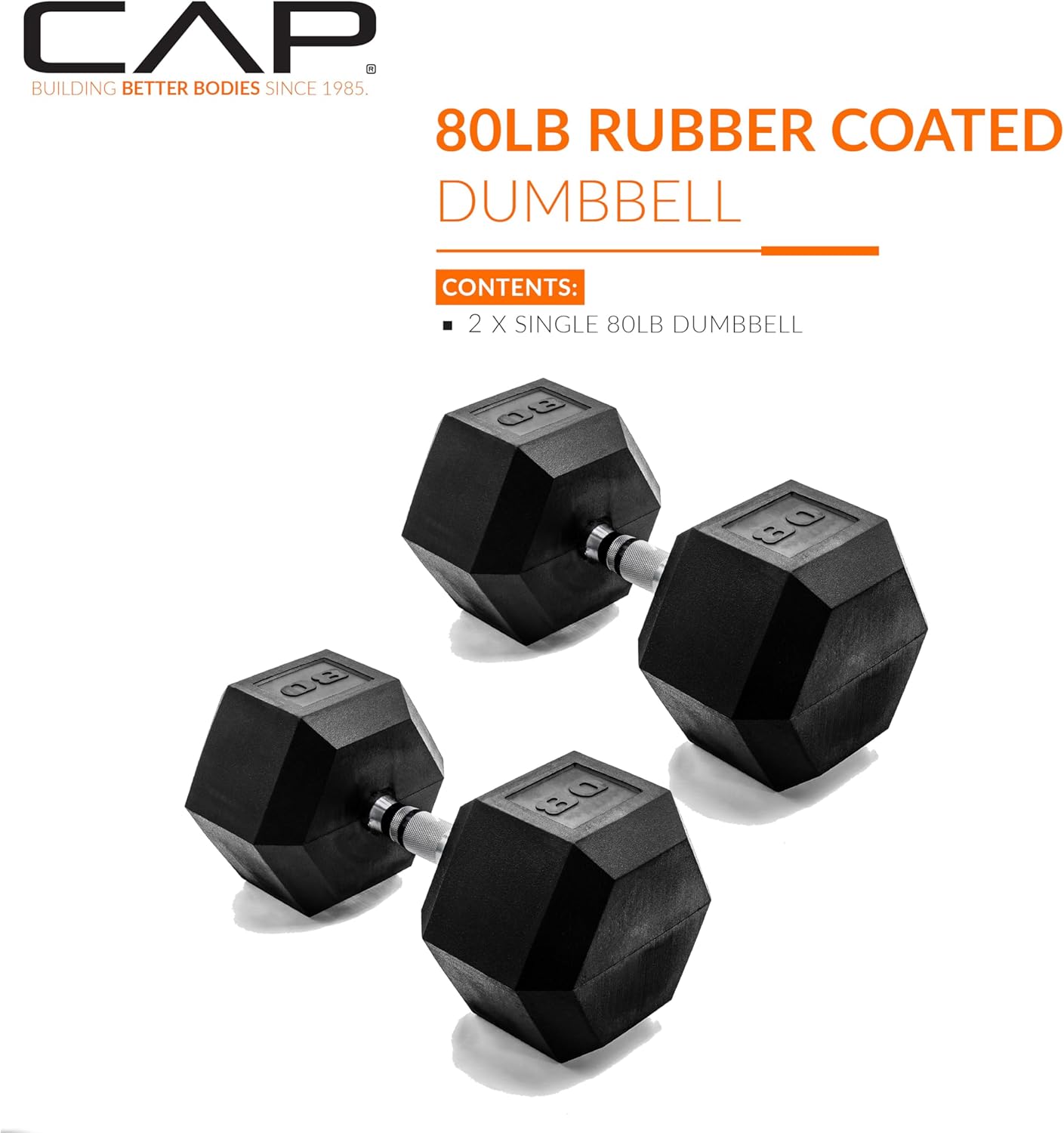 CAP Barbell 80 LB Rubber Coated Hex Dumbbell Hand Weight - Pair | Chrome Handle - Image 2