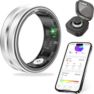 Thin Smart Ring for Fitness & Health Tracking -Pedometer,Sleep/Heart Rate/Blood Oxygen Monitor, Gesture Control / 5ATM Waterproof -No APP Subscription Compatible with Smart Phone (Silver, 10)