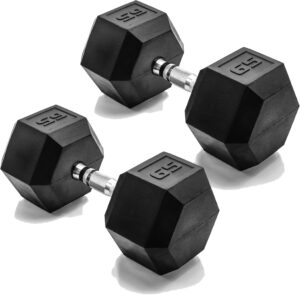 CAP Barbell 65 LB Rubber Coated Hex Dumbbell Hand Weight – Pair | Chrome Handle
