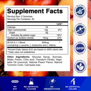 Vitamatic BCAA Gummies – Branch Chain Amino Acid Supplements – Peach Flavor – 600mg per Serving – 60 Vegan Pectin Based Gummies (1 Bottle)