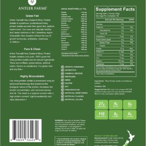 Antler Farms – 100% Grass Fed New Zealand Whey Protein Isolate, Unflavored, 2 lbs – Pure and Clean, 2 Ingredients, Delicious, Cold Processed