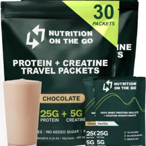 Nutrition On The Go Whey Protein Isolate Packets with Creatine – 25g Protein + 5g Creatine – Single-Serve Travel Protein Powder – Variety Pack (Vanilla & Chocolate) (30-Pack)
