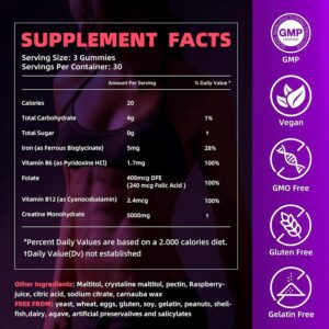 Creatine Monohydrate Gummies 5000mg w/Iron, Vitamin B6 & B12, Sugar Free 5g Creatine Supplements for Women and Men Boost Energy & Muscle Recovery – 90 Raspberry Gummies