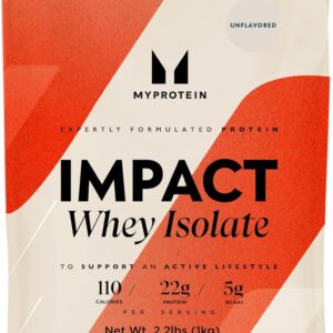Myprotein Impact Whey Protein Isolate, 2.2 Lbs (40 Servings) Unflavored, 22g Protein, 3.5g Glutamine & 4.5g BCAA Per Serving, Shake for Muscle Strength & Recovery