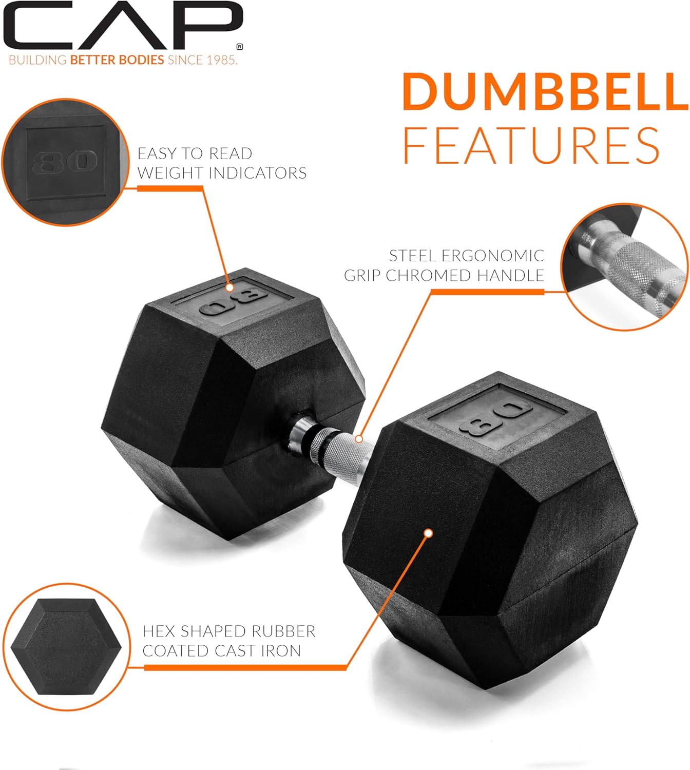 CAP Barbell 80 LB Rubber Coated Hex Dumbbell Hand Weight - Pair | Chrome Handle - Image 3