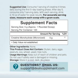 Instant Creatine Monohydrate Powder, 5g Per Serving – 120 Servings | Micronized, Unflavored, Fast Absorbing Formula | Supports Strength, Power & High-Intensity Training | Vegan, Keto, Non-GMO