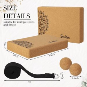 Soulchen 5 Pack Yoga Accessories for Women Set Yoga Block 2 Pack with Strap Massage Ball for Meditation Pilates Cork Blocks Stretching Home Gym Natural High-Density, 12″x8″x2″