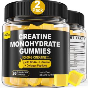 Creatine Monohydrate Gummies for Men & Women – with BCAA, Collagen Peptides, L-Taurine, Vitamin B12, D3, Chewables Creatine Monohydrate 5g Per Serving, Natural Lemon Flavor, Sugar Free, 2 Pack
