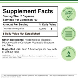 Creatine Monohydrate Capsules – 1g per Serving, 120 Count – No Fillers, Vegan Safe, Non-GMO, Gluten Free by Double Wood