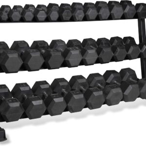 CAP 1200 LB Rubber Coated Hex Dumbbell Hand Weight Set with Three Tier Storage Rack – Chrome Handle | Black Rack