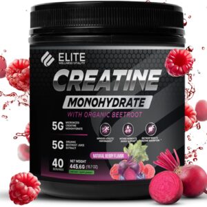 Elite Wellness Berry Flavor Creatine Monohydrate with Organic Beetroot Supplement – Supports Muscle Strength, Stamina, Cognitive Function & Athletic Performance, Gluten & Dairy Free, NSF Qualified