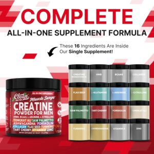 Clean Nutra Creatine Powder for Men + HMB BCAA L Arginine L Citrulline Tongkat Ali Saw Palmetto Ashwagandha Collagen Flax Seed Turmeric Preworkout Stevia Nitric Oxide L Glutamine Amino Acids