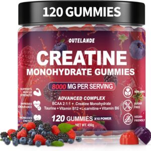 Creatine Monohydrate Gummies 8000 mg for Men & Women, Creatine Supplement for Enhanced Muscle Growth, Energy Boost – with L-Taurine, Sugar Free, Vegan, Raspberry BlackBerry Blueberry Flavor-120 Count