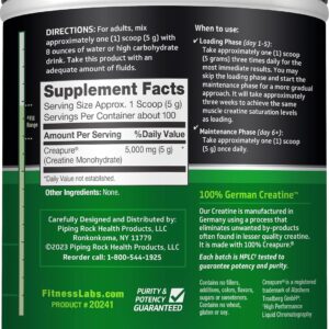 Fitness Labs German Creatine Monohydrate Powder | 500 Grams | Creapure Fitness Supplement | for Men & Women | Unflavored | 100 Servings