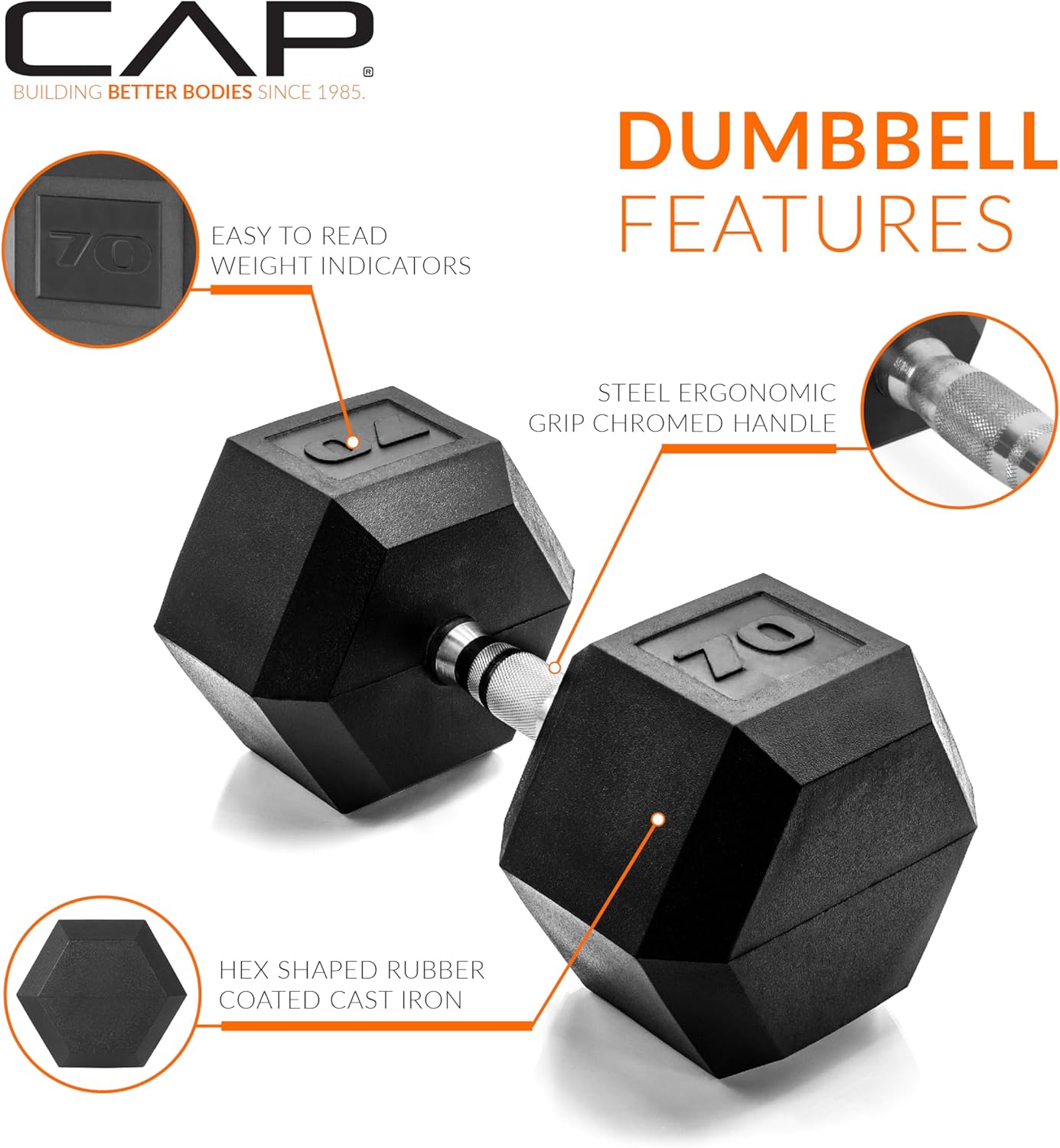 CAP Barbell 70 LB Rubber Coated Hex Dumbbell Hand Weight - Pair | Chrome Handle - Image 3