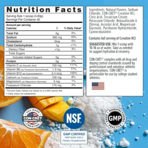 CON-CRET Creatine HCl + Hydration | Electrolyte Powder Tub | Citrus Mango | Sugar Free Electrolytes | Rehydration Formula w Potassium, Sodium, Zinc, Magnesium to Hydrate & Recover (40 serv)