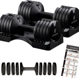 BYZOOM FITNESS Pure Series Adjustable Dumbbell – 12.5/25/27.5/75lb Single Unit OR Set of 2 – 5-in-1/ 10-in-1 / 21-in-1 Flexible Hand Weights for Home Gym, Strength Training & Fitness Workouts, White OR Black