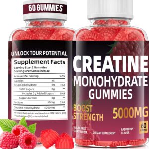 Creatine Monohydrate Gummies 5000mg Per Serving for Men & Women, Creatine Supplement for Increase Strength & Muscle Recovery – with Sugar Free, Gluten Free, Natural Raspberry Flavor-60 Count