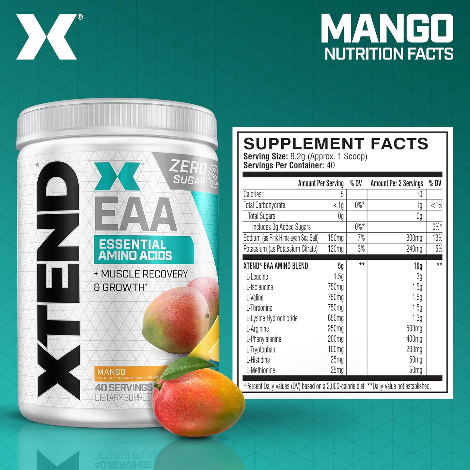 Xtend Scivation EAA + BCAA Powder | Muscle Recovery & Lean Muscle Growth | 9 Essential Amino Acids for Intra Workout or Post Workout Recovery | 10g EAAs Per 2 Servings | Mango 40 Servings - Image 2