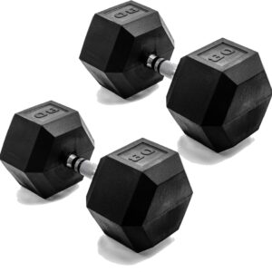 CAP Barbell 80 LB Rubber Coated Hex Dumbbell Hand Weight – Pair | Chrome Handle