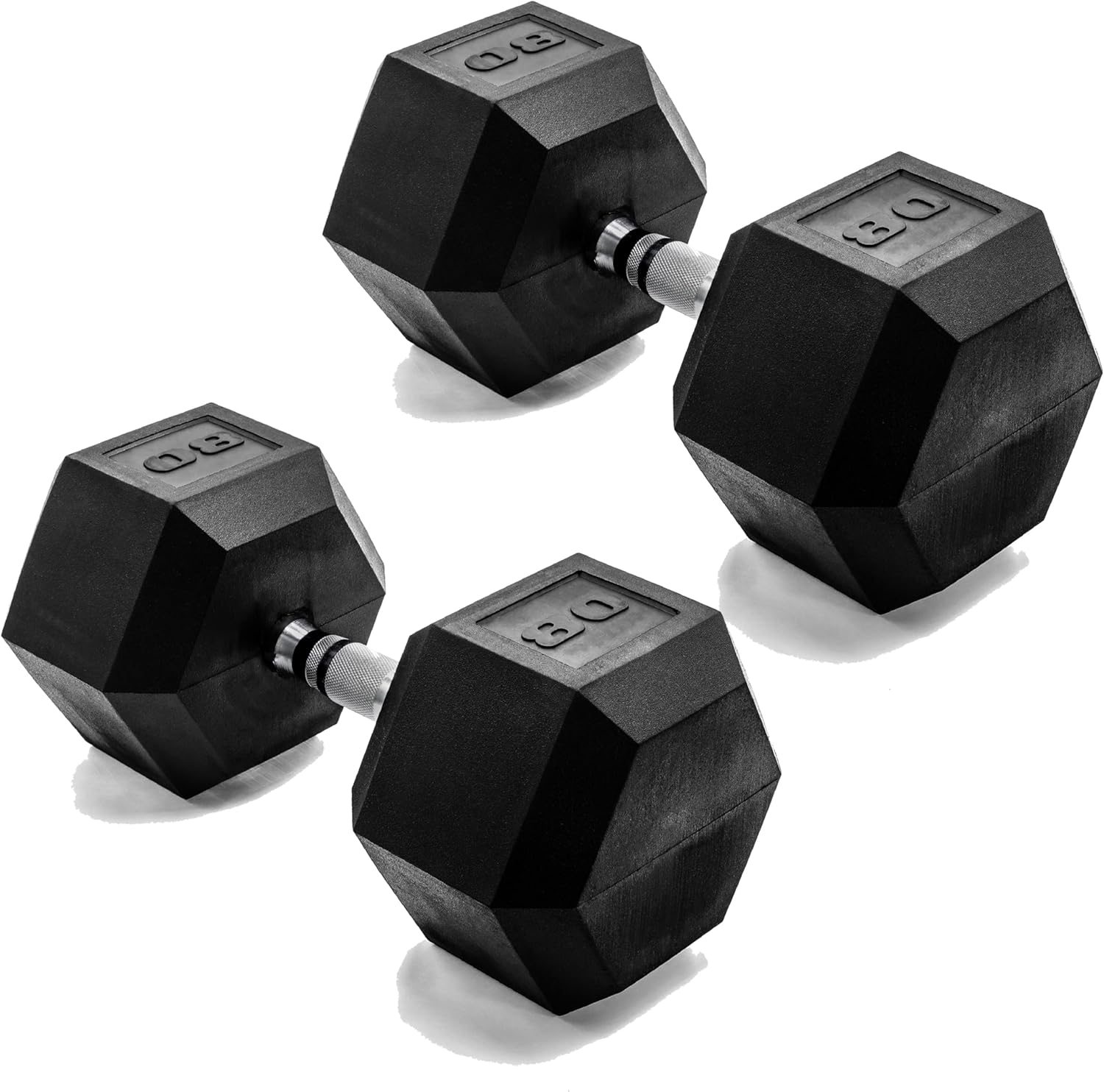 CAP Barbell 80 LB Rubber Coated Hex Dumbbell Hand Weight - Pair | Chrome Handle