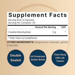 Creatine Monohydrate Capsules 3,000mg Per Serving, 300 Count | Micronized, Unflavored Creatine Pills | Pre-Workout & Muscle Strength Support | Easy to Swallow, Filler-Free | 50 Servings