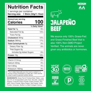 Chomps Grass-Fed and Finished Jalapeño Beef Jerky Snack Sticks 10-Pack – Keto, Paleo, Whole30, 10g Lean Meat Protein, Gluten-Free, Zero Sugar Food, Non-GMO