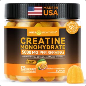 Creatine Monohydrate Gummies for Men & Women 5000 mg, 3rd Party Tested, Creatine Chews for Muscle Growth, Strength & Energy Support, Sugar Free, Vegan, 120 Count, Mango Passionfruit