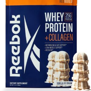 Reebok Whey Protein Powder + Collagen Peptides | 25g Protein with 9 Essential Amino Acids | Muscle Recovery, Joint & Gut Support | Informed-Sport Certified | ReeBuild Vanilla Ice Cream Flavor, 1.3 lb