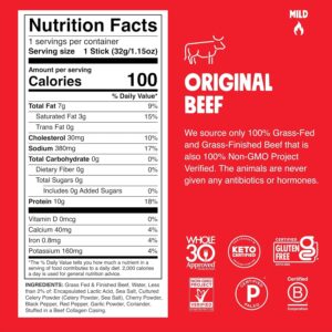 Chomps Grass-Fed and Finished Original Beef Jerky Snack Sticks 10-Pack – Keto, Paleo, Whole30, 10g Lean Meat Protein, Gluten-Free, Zero Sugar Food, Non-GMO