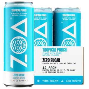 ZOA Zero Sugar Energy Drinks, Tropical Punch – Sugar Free with Electrolytes, Healthy Vitamin C, Amino Acids, Essential B-Vitamins, and Caffeine from Green Tea – 12 Fl Oz (12-Pack)