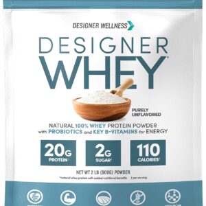 Designer Wellness, Designer Whey, Natural Whey Protein Powder with Probiotics, Fiber, and Key B-Vitamins for Energy, Gluten-Free, Purely Unflavored, 2 lb