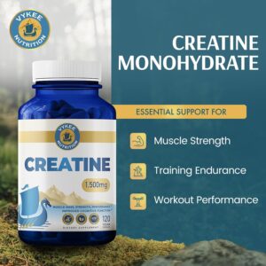Vykee Nutrition Creatine Monohydrate Capsules 1,500 mg – Daily Creatine Supplement for Muscle Strength Training, Endurance, and Workout Performance Support – Vegan, Non-GMO – 120 Capsules