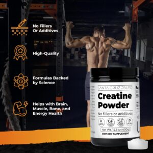Santa Cruz Paleo, Creatine Monohydrate Powder Micronized, Unflavored Pre Workout and Muscle Support Supplement, Gluten Free Keto, Mix with Water or Shakes, No Fillers or Additives, 80 Servings, 400g