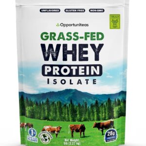 Opportuniteas Grass Fed Whey Isolate Protein Powder – Unflavored, Heavy-Metal Tested, 28g Protein, Sourced from Ireland, Hormone-Free, Non-GMO, Packaged in USA – 5lb