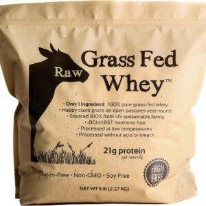 Raw Grass Fed Whey Protein Powder – Unflavored, Only 1 Ingredient: 100% Pure Grass-Fed Whey from Happy, Healthy Cows – Undenatured, Non-GMO, Hormone-Free, Gluten-Free, Made in USA, 5LB