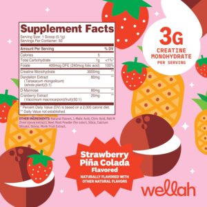 Wellah Creatine for Women (50 Servings, Strawberry Pina Colada) – Creatine Monohydrate with Dandelion & Cranberry Extract