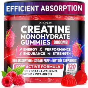 Creatine Gummies Monohydrate Complex 9000MG, Pre-Workout for Men & Women, Creatine Gummy with L-Taurine, BCAA 2:1, B12/6 for Muscle Support, Enhance Strength, Energy Boost-120 Count