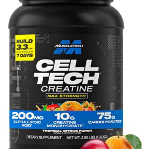 MuscleTech Creatine Monohydrate Powder – Cell-Tech Creatine Powder Post Workout Recovery Drink, Muscle Builder & Musclebuilding Supplement – Tropical Citrus Punch, 3 lbs (27 Serv) – Packaging May Vary