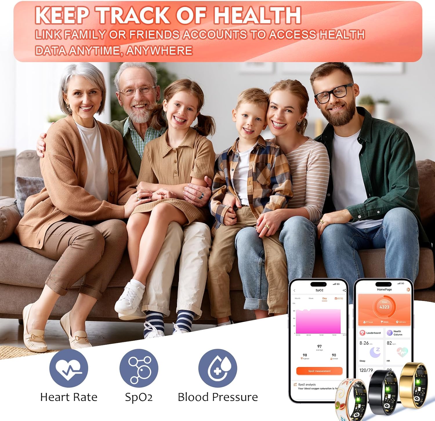 Smart Ring for Women Men Fitness Tracker with Heart Rate, Blood Oxygen, Blood Pressure, Sleep Monitoring, Step Counting, IP68 Waterproof, No Subscription Fee (Enamel Color, #7) - Image 4