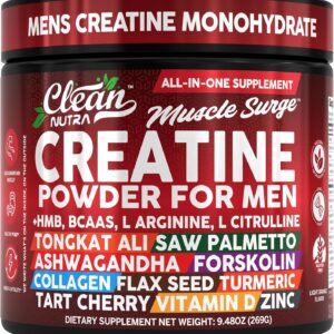 Clean Nutra Creatine Powder for Men + HMB BCAA L Arginine L Citrulline Tongkat Ali Saw Palmetto Ashwagandha Collagen Flax Seed Turmeric Preworkout Stevia Nitric Oxide L Glutamine Amino Acids