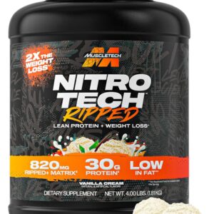 Muscletech Whey Protein Powder (Vanilla Cream, 4LB) – Nitro-Tech Ripped Whey Protein Isolate & Peptides Smoothie Mix for Lean Muscle & Fast Recovery – 30g of Whey Protein for Women & Men