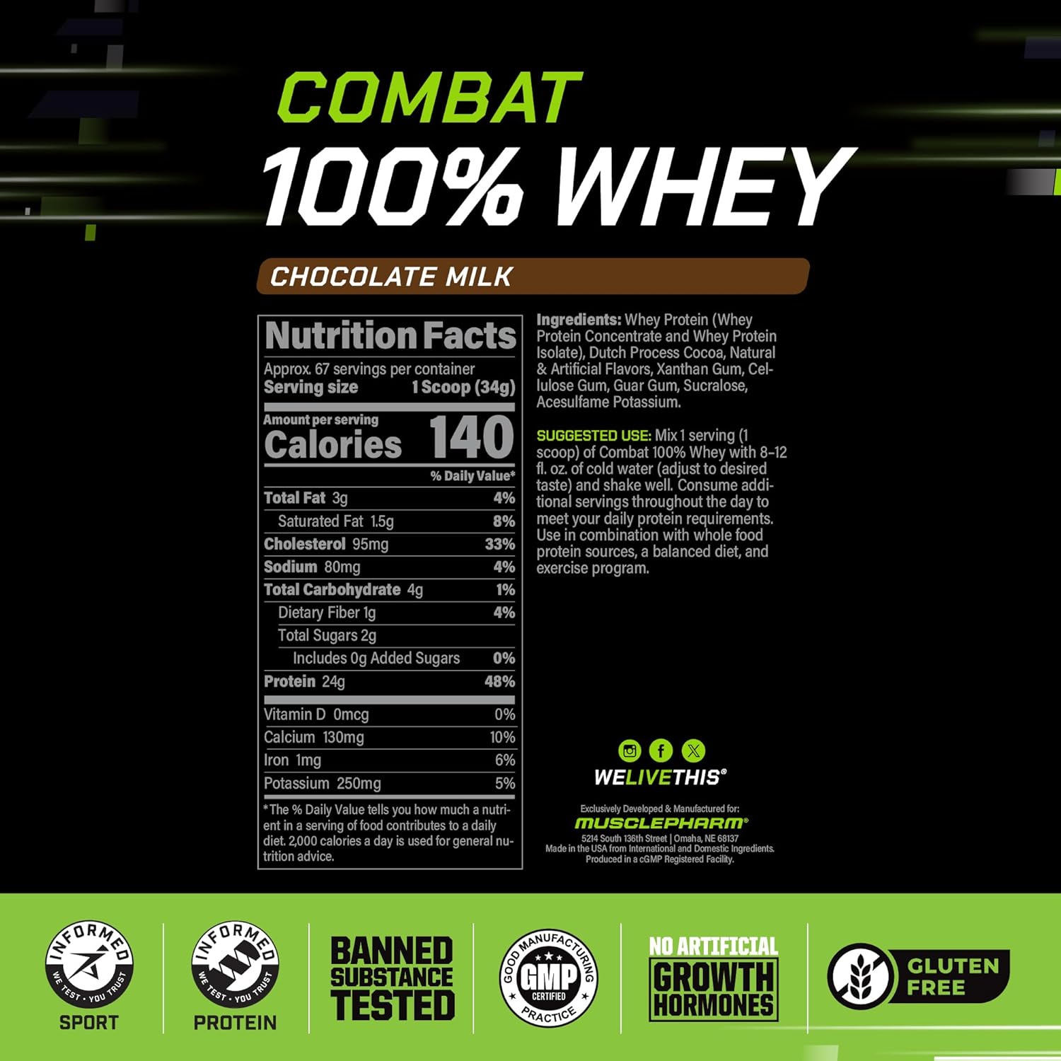 MusclePharm Combat 100% Whey Protein Powder, Chocolate Milk, Fast Recovery & Muscle Gain with Whey Isolate, High Protein Powder for Women & Men, Gluten Free, 5lb, 67 Servings - Image 3
