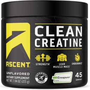 Ascent Clean Creatine Monohydrate Powder – 5G Per Serving, Creapure Supplement – Unflavored, 45 Servings